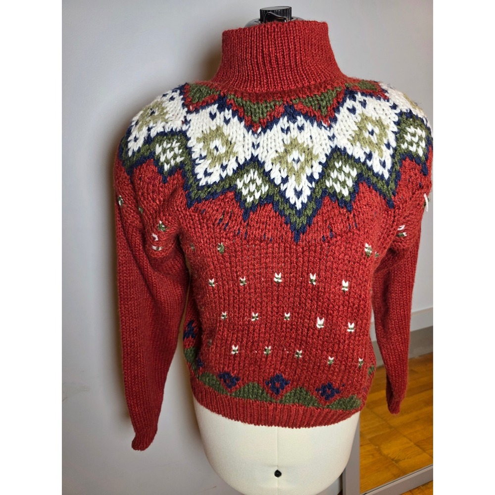Jamie Scott Red Fair Isle HandKnitted Turtleneck Sweater Boho Cottagecore Medium